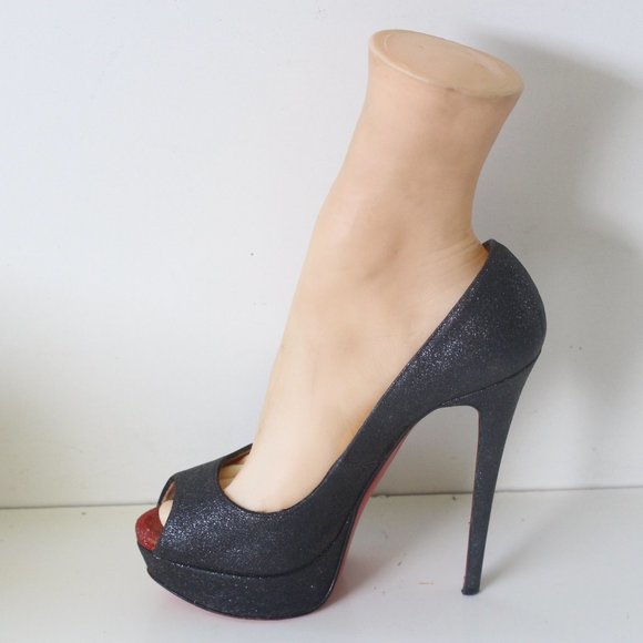 Christian Louboutin Grey Lady Peep Charcoal Glitter Pumps - Picture 2 of 8